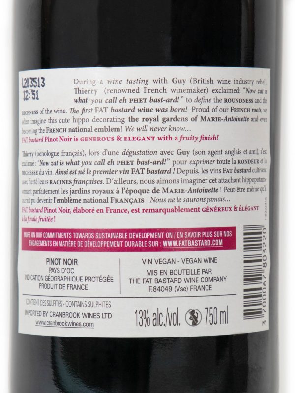 Fat bastard Pinot Noir French Red Wine Back Label